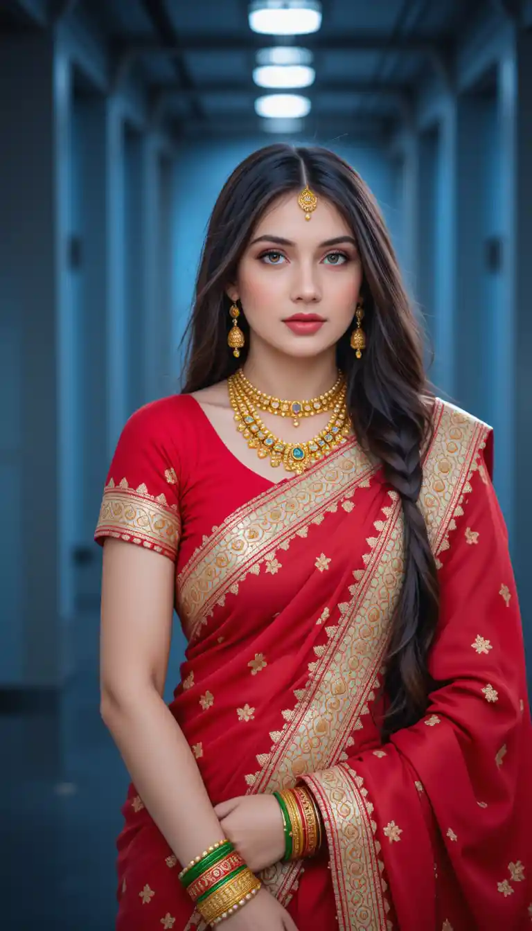 Young woman in red saree with gold jewelry indoors