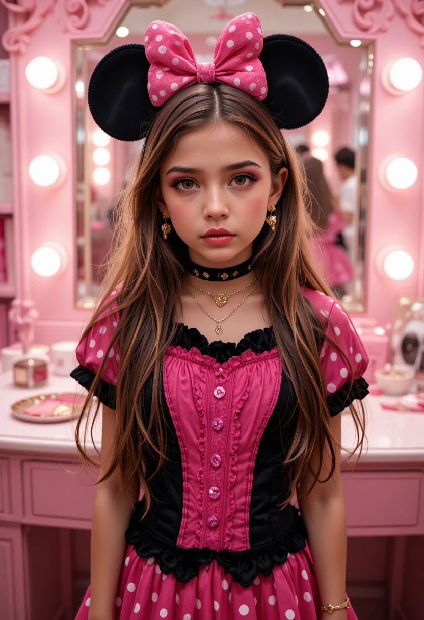Anxious tween boy dressed as Minnie Mouse in boutique