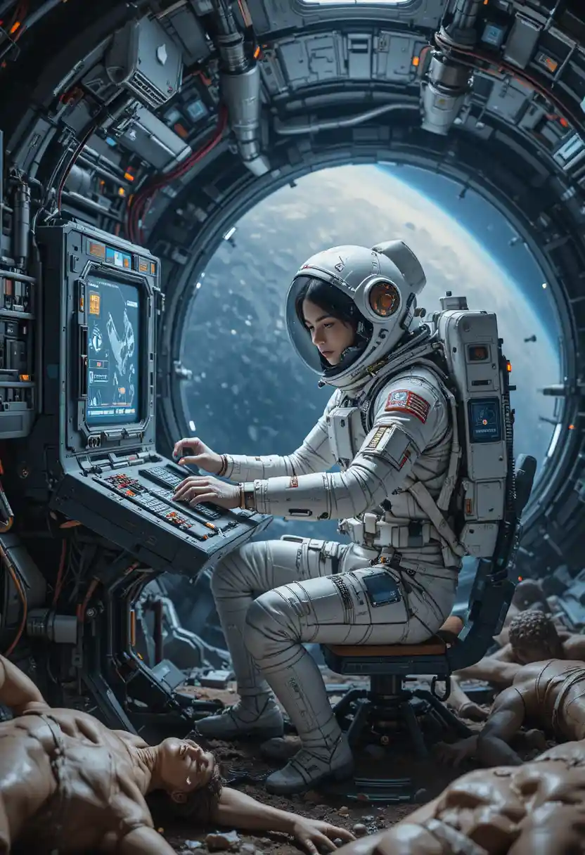 Astronauta donna che ripara una console sulla stazione spaziale di Titano