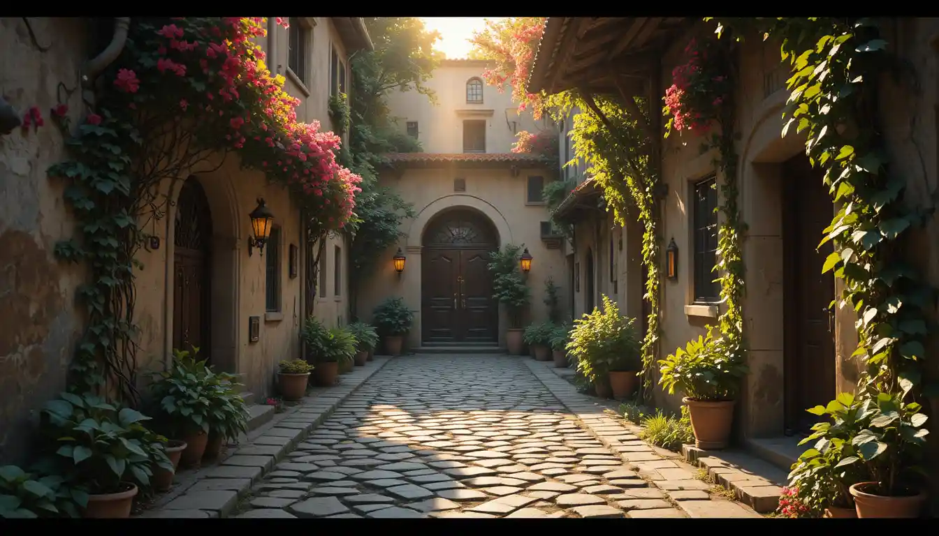 Sunlit alleyway leading to a mysterious hidden door