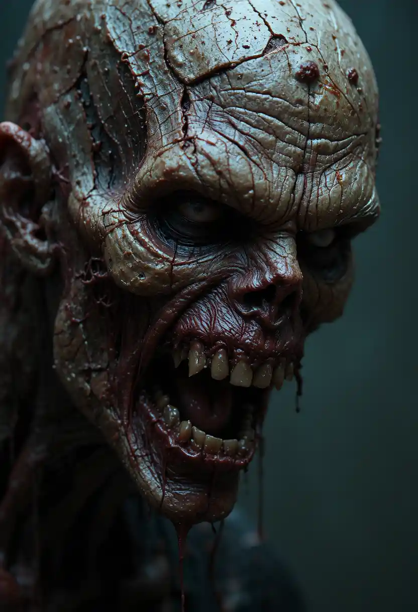 Grotesque rotting zombie rendered in photorealistic horror style