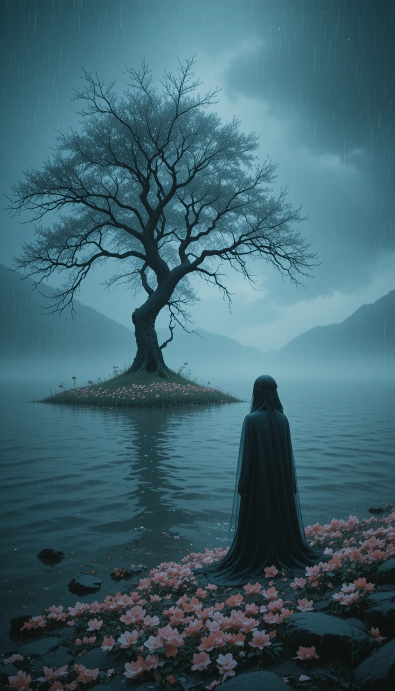 Figura melancólica junto a un lago brumoso con un árbol solitario