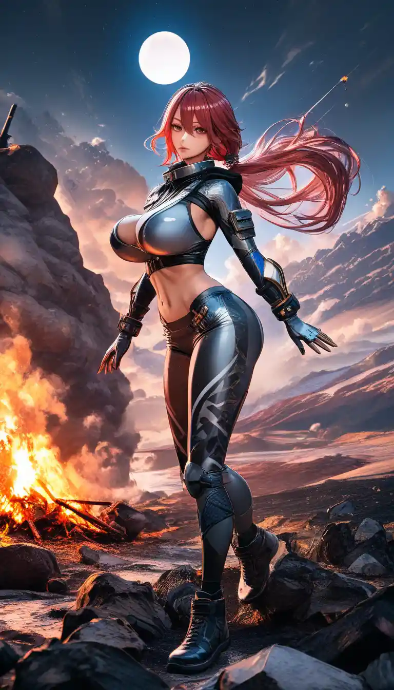 Fantasy huntress goddess by a moonlit campfire