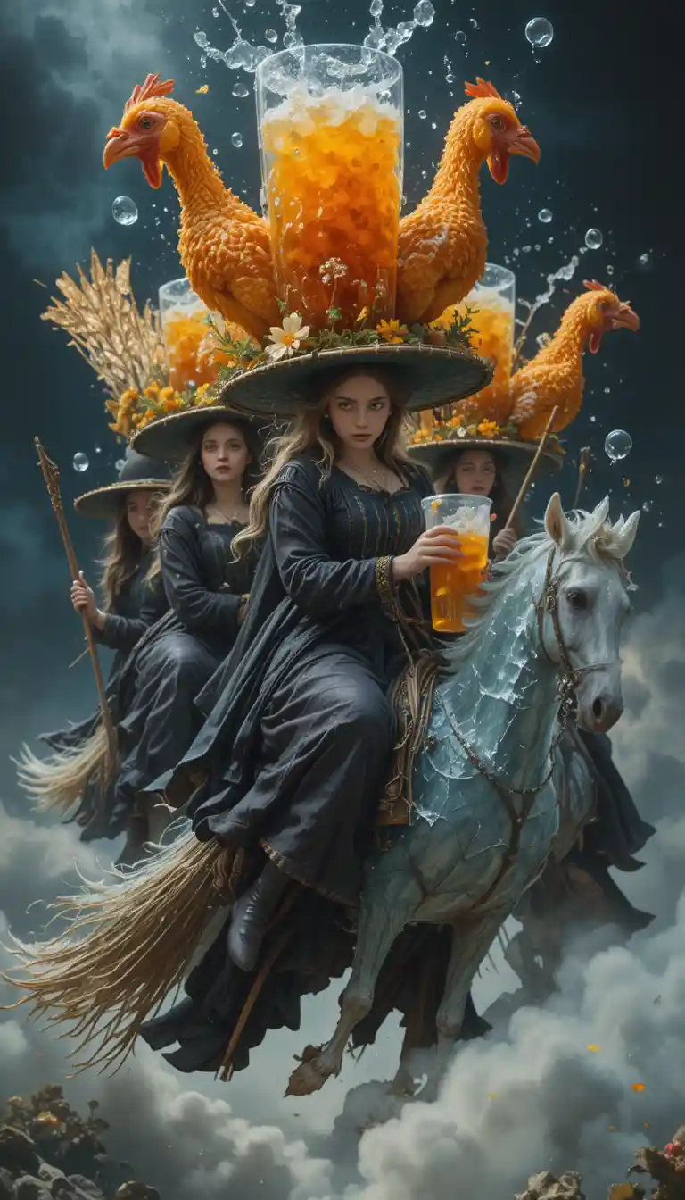 Medieval witches flying on ice brooms with quirky food hats