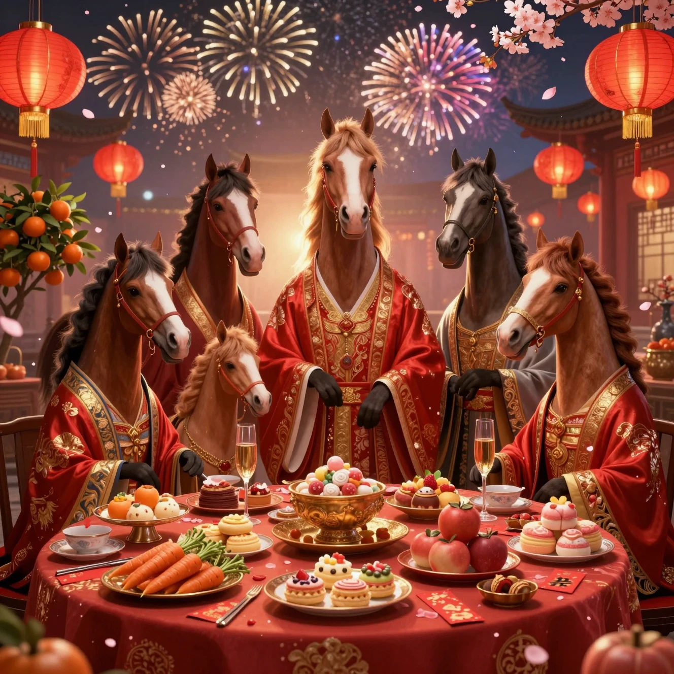 Anthropomorphic Horses Celebrating A Festive Chinese New Year Banquet