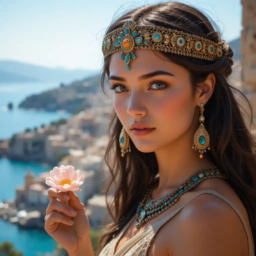 Young woman in Carthaginian headdress by the Mediterranean sea