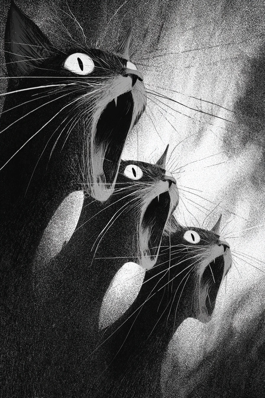 Three monstrous cats with gaping jaws in eerie monochrome