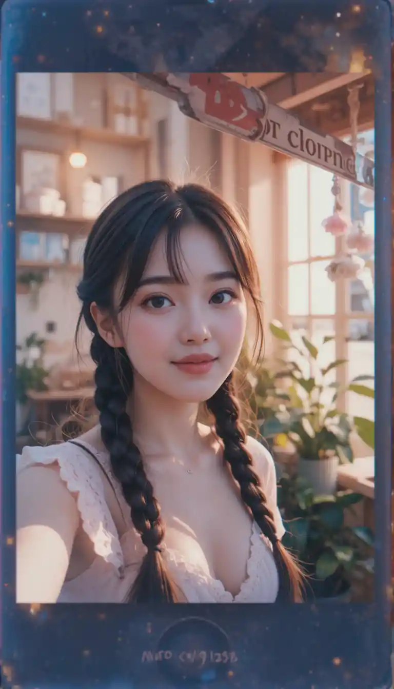 Anime girl taking a selfie outside a cozy cafe