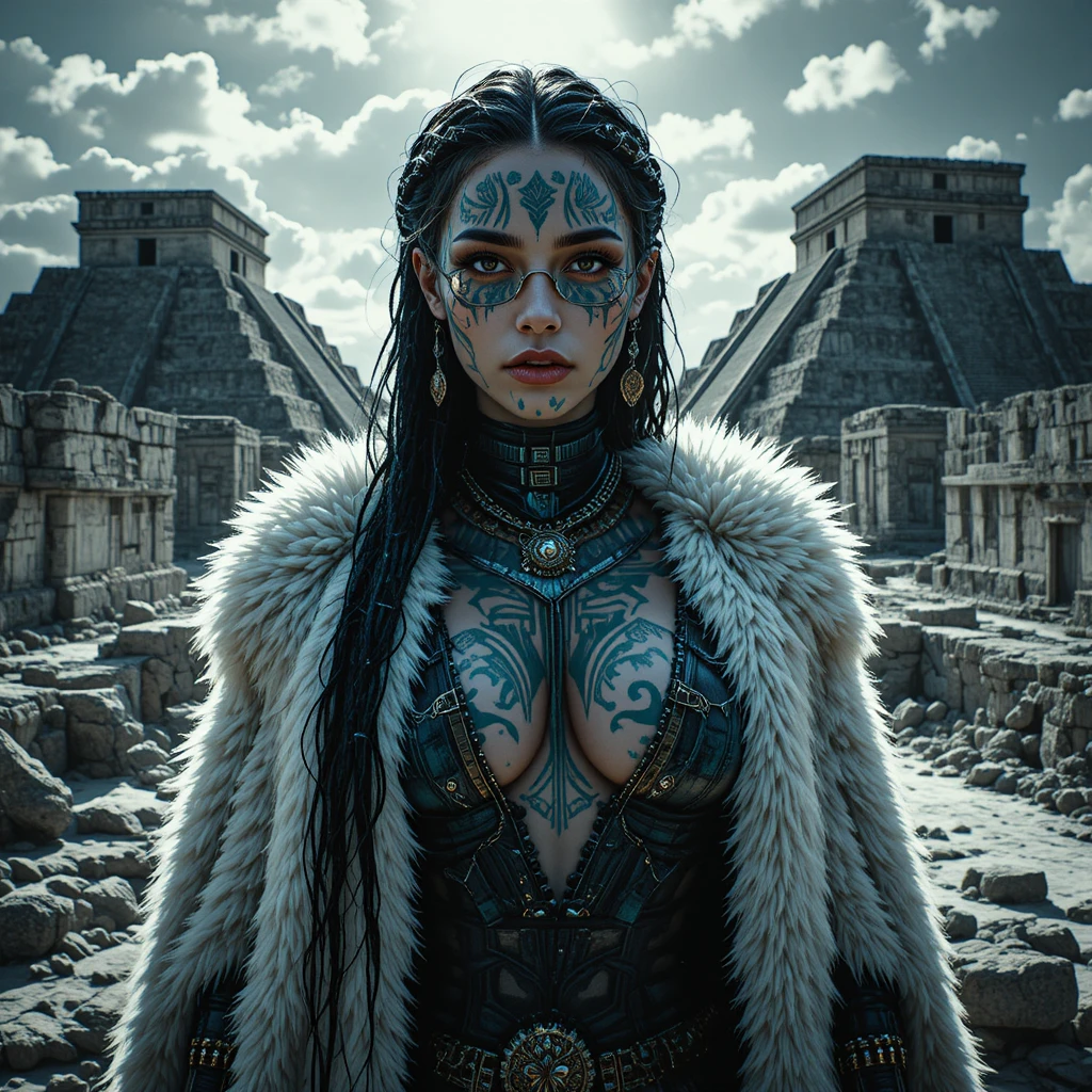 Neo noir glitch portrait of a femme fatale at ruins