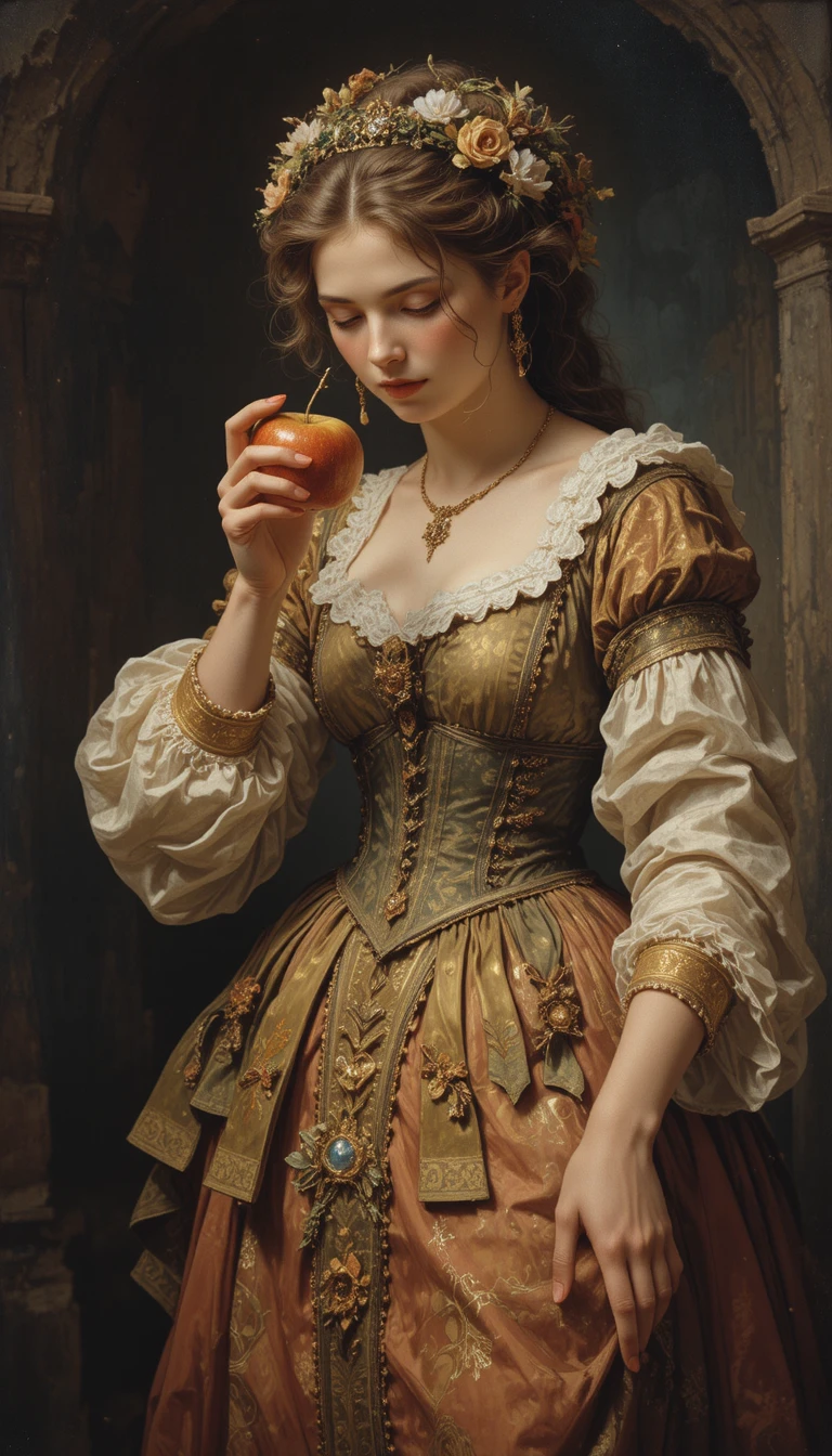 Dramatic baroque woman holding the symbolic apple of discord