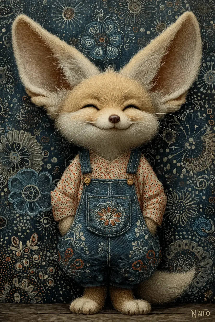 Cute fennec fox in denim overalls with proud happy gaze