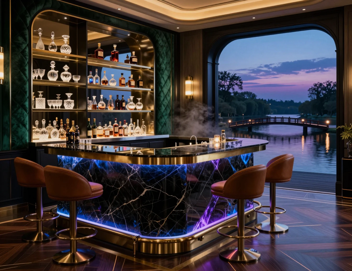Bancone bar di lusso sul fiume con vista sul ponte al crepuscolo