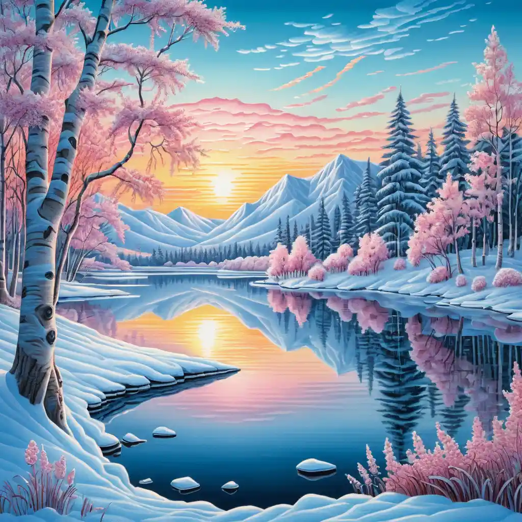 Prairie hivernale de bouleaux avec lever de soleil sur un lac lointain