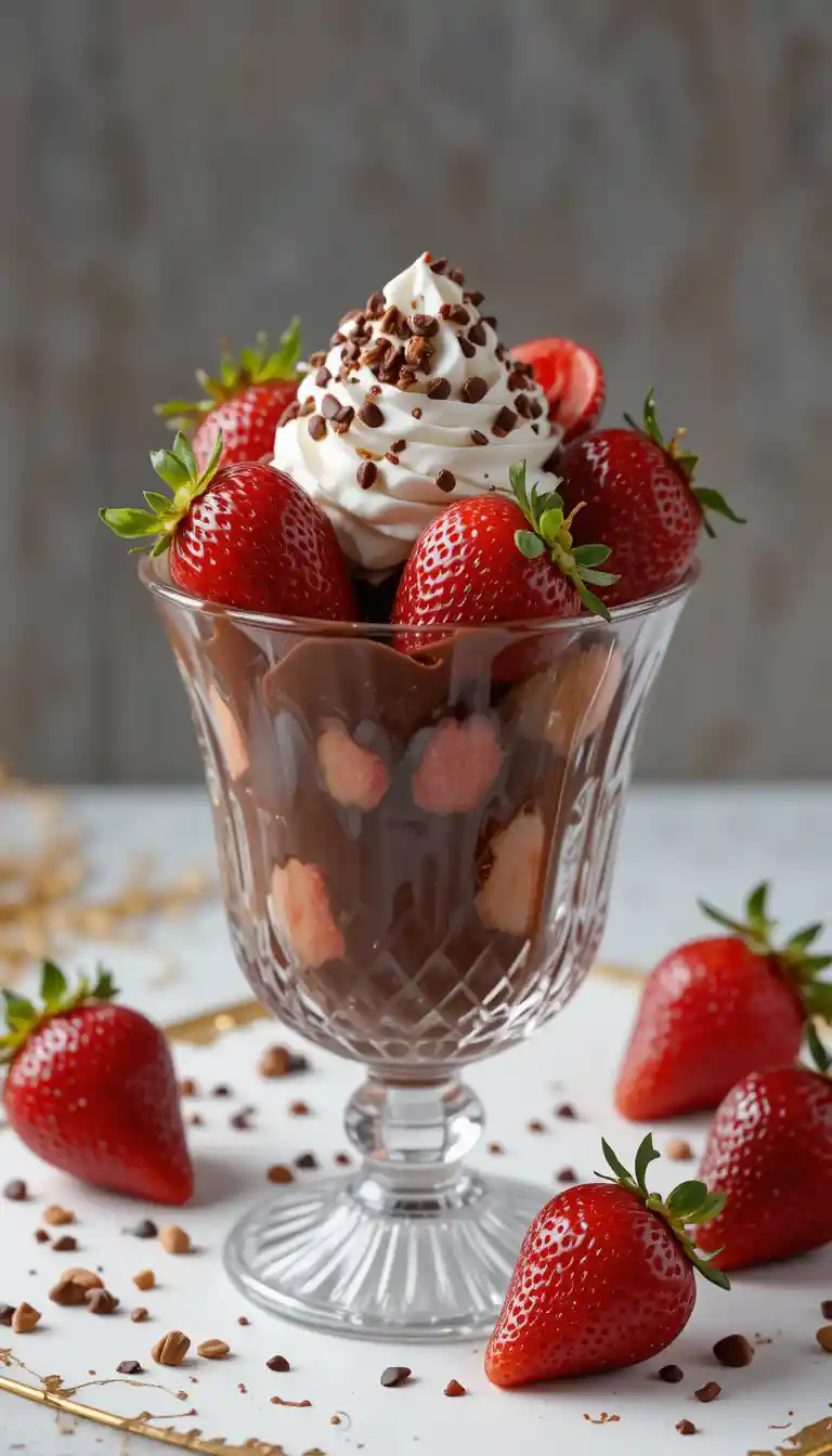 Sobremesa de morango com chocolate em taça de cristal com chantilly