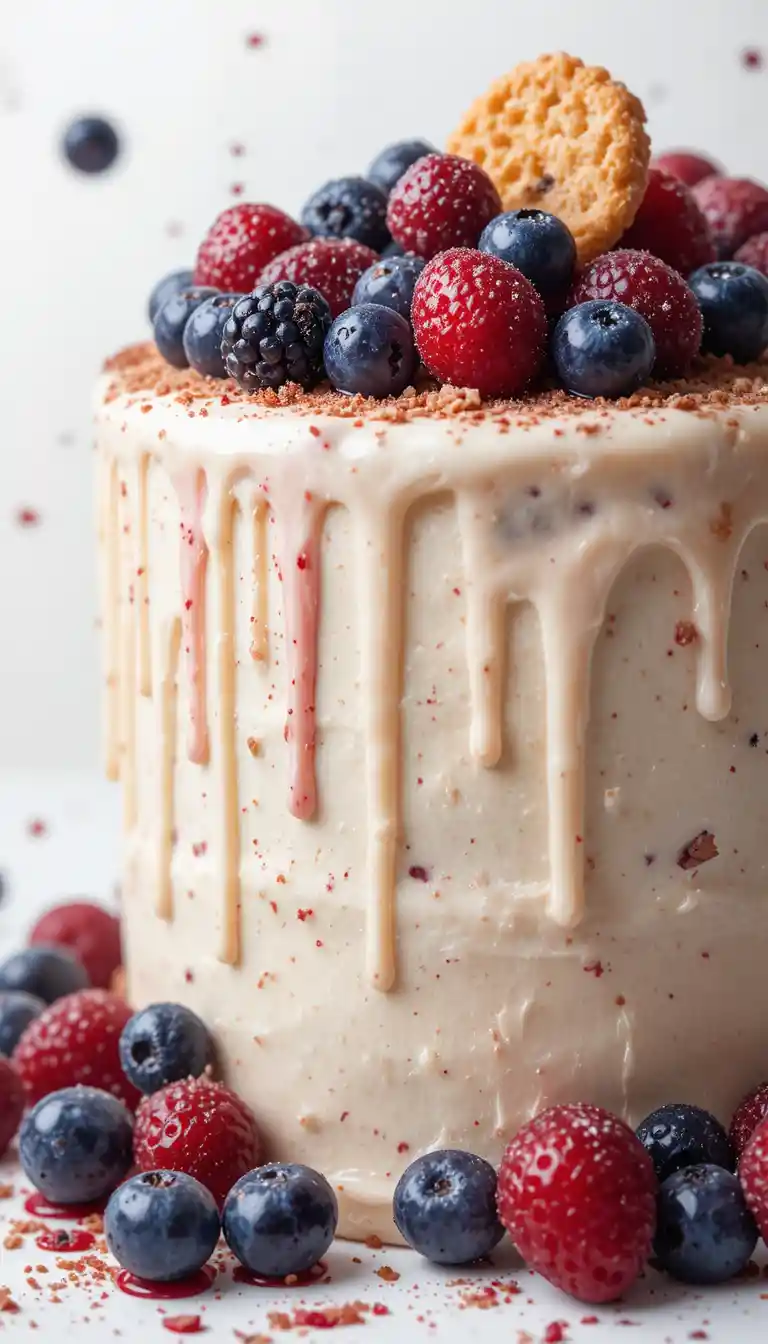 Fantasy dessert cake dripping with cream and fresh berries