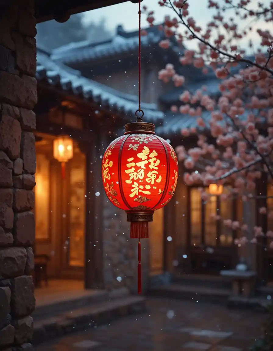 黄昏の古代中国の中庭に灯る深紅の提灯