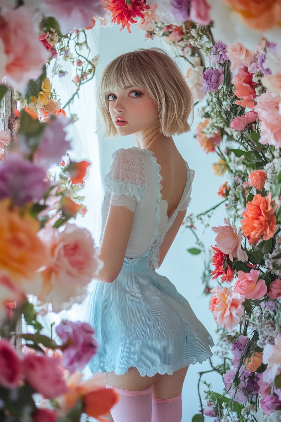 Modern rococo girl in flowers with pastel fashion