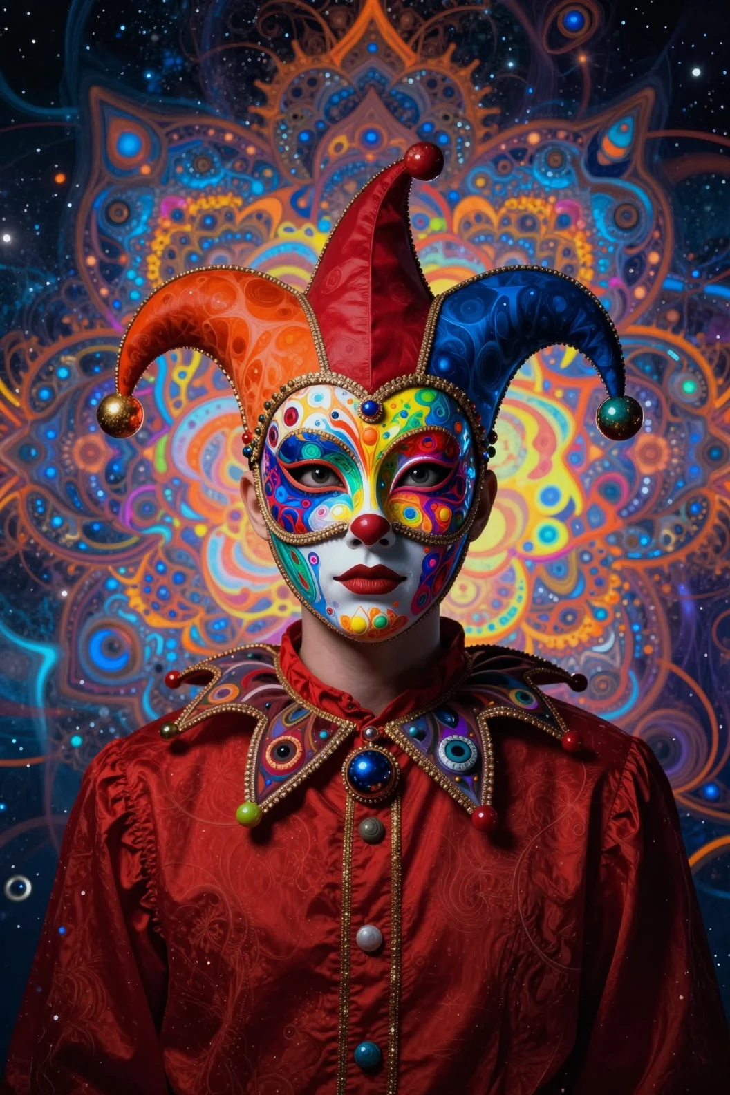 Portrait de Bouffon Cosmique Psychédélique avec Masque Fractal