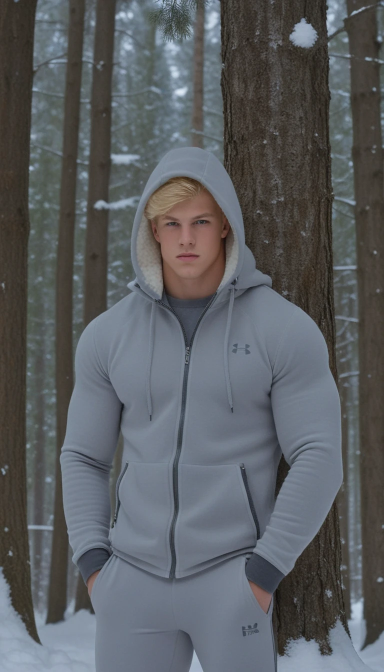 Blonder junger Mann in Fleece-Tights im verschneiten Wald