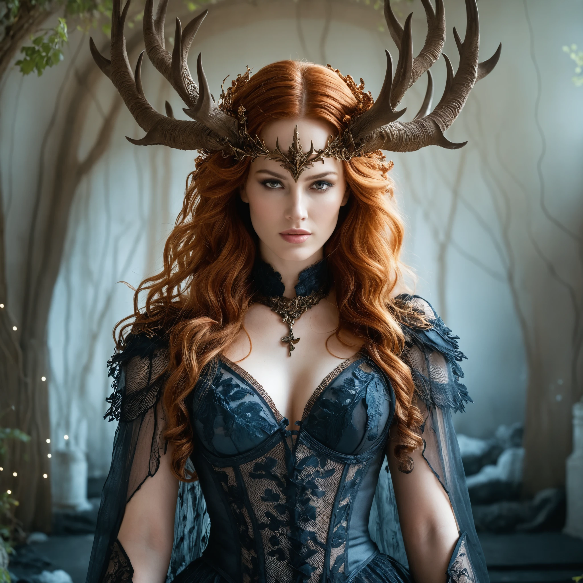Gothic fantasy woman in moonlit cinematic full body scene