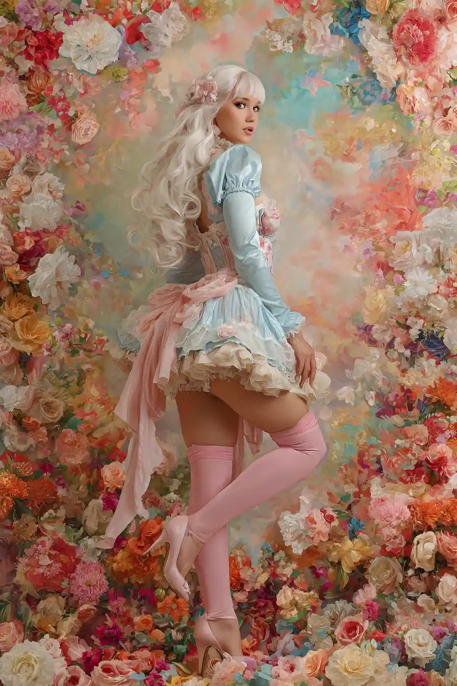 Moderne Rokoko-Girl mit fließendem weißen Haar und Blumen