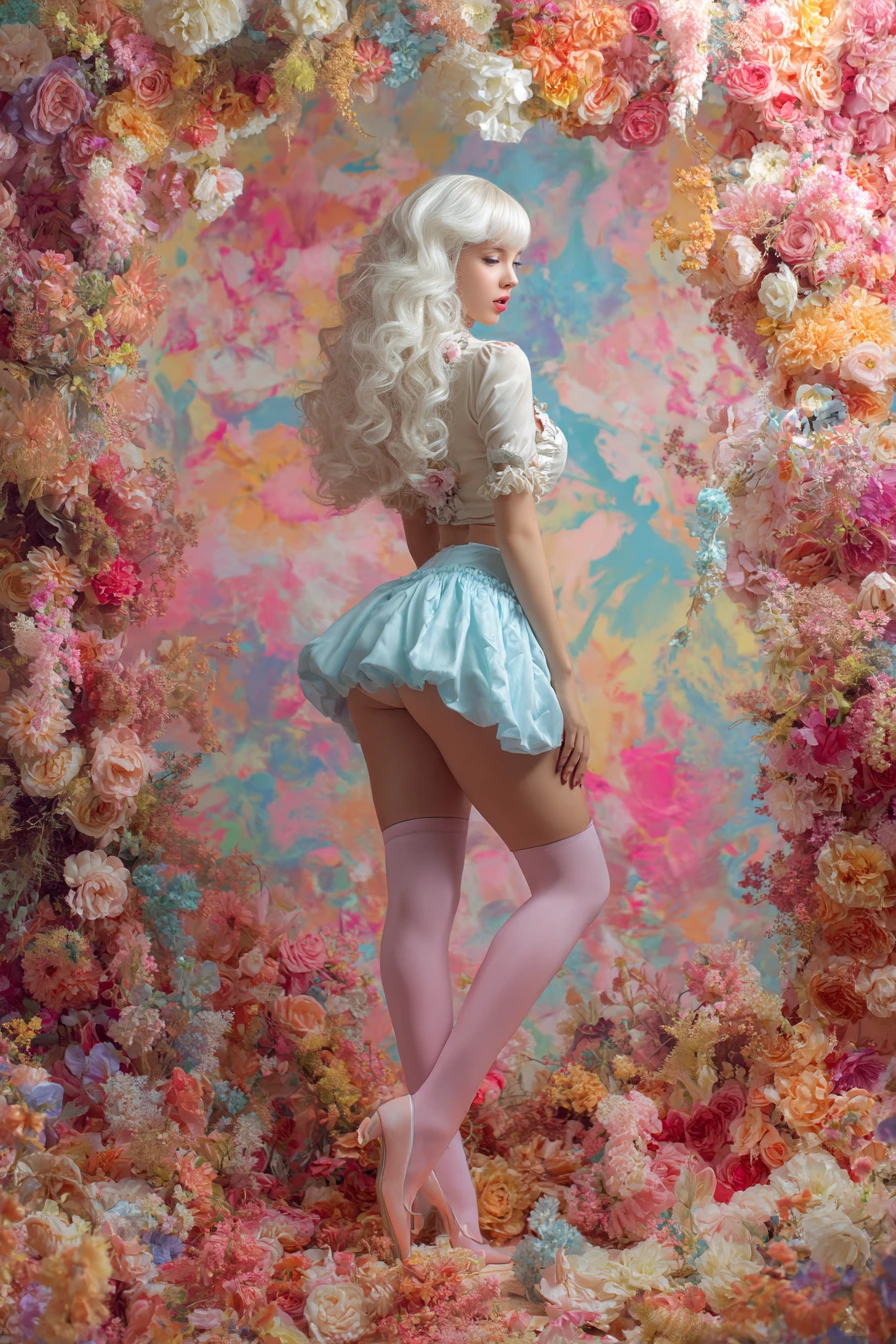 Modern rococo girl with flowing white hair and flowers
