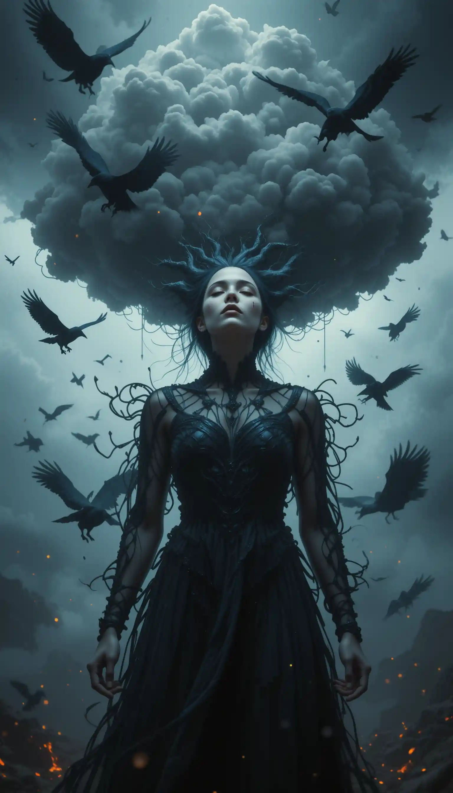 Mystique androgyne à tête de nuage d’orage et corbeaux