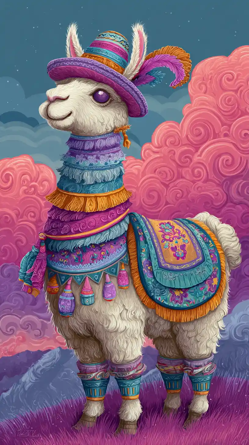 Colorful llama illustration in the Andean mountain landscape