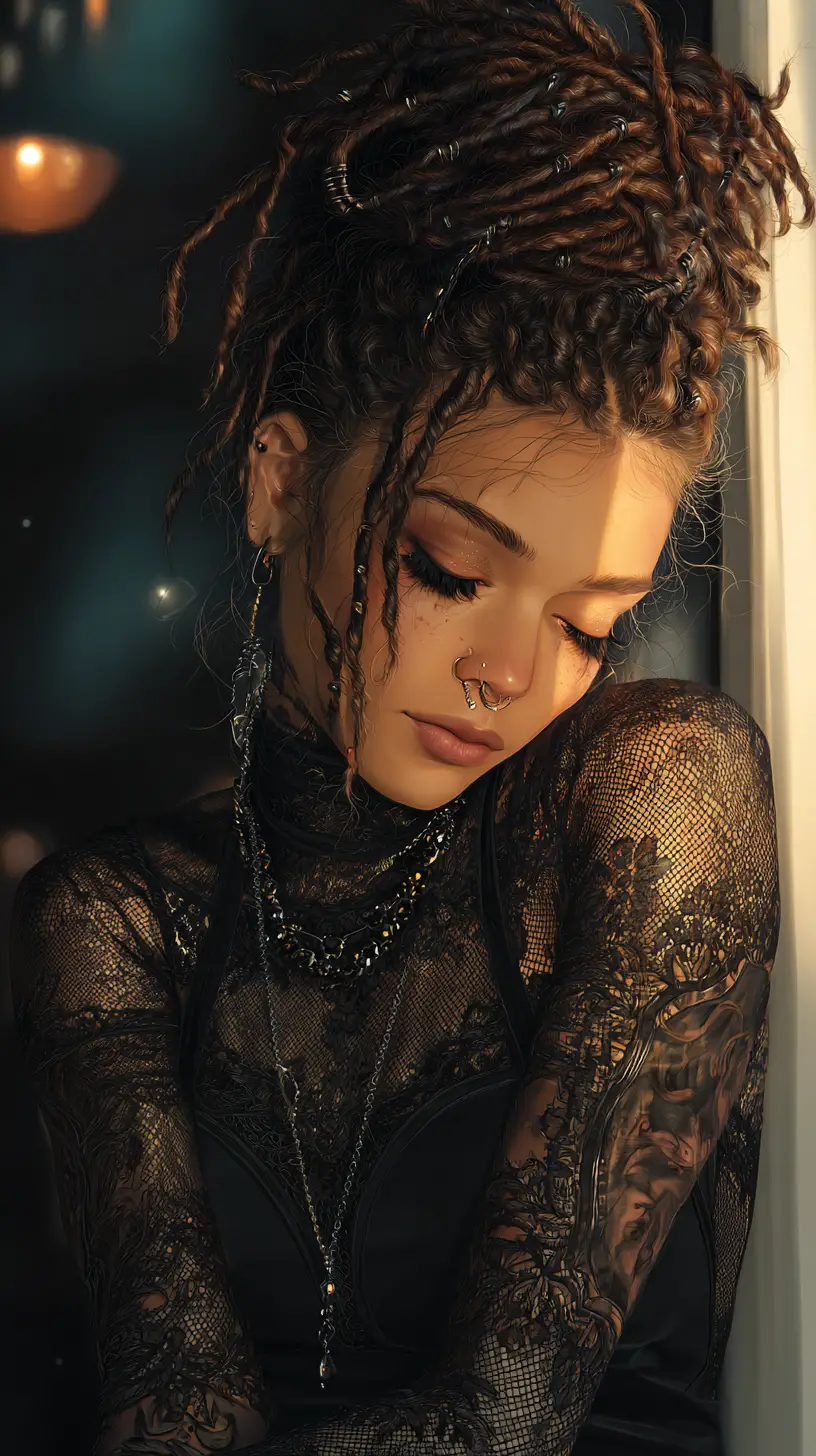 Gothic young woman in a dreamy cafe close up portrait
