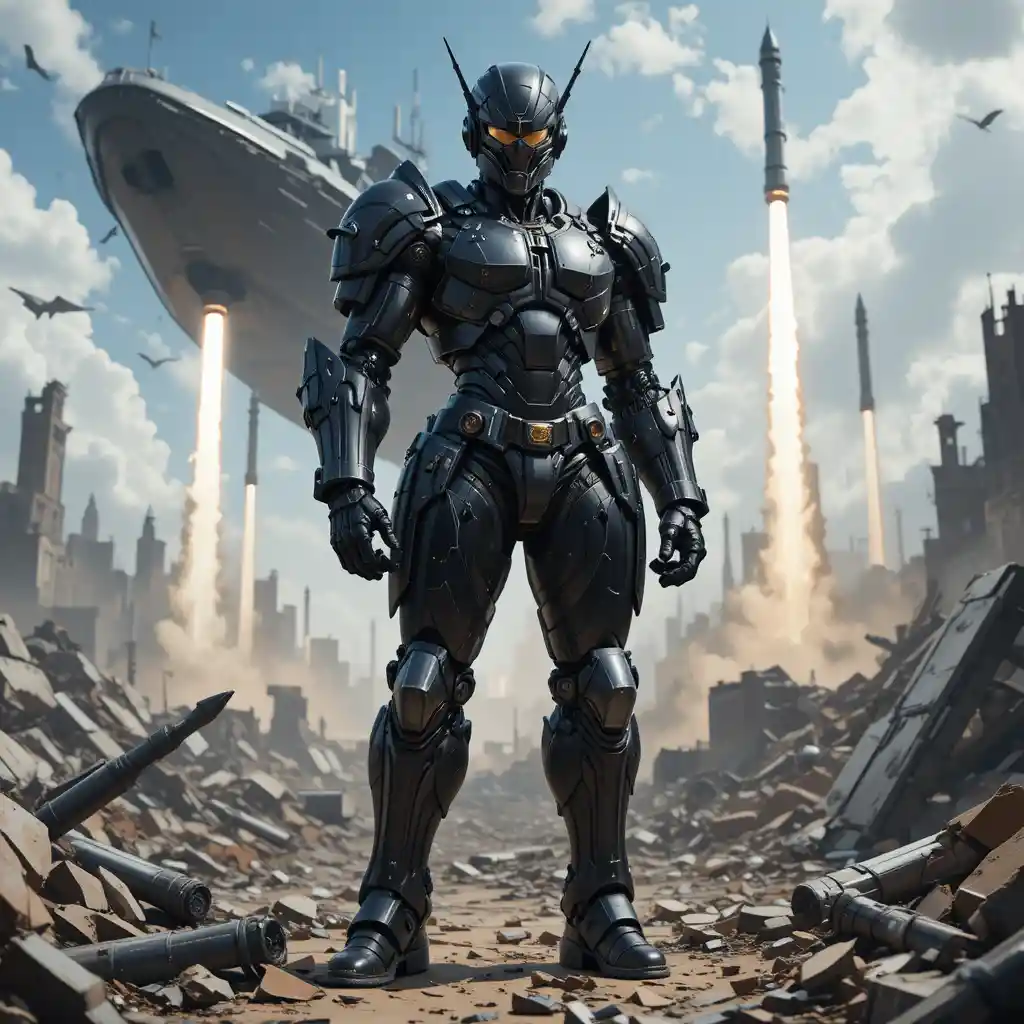 Soldat d’anime en armure noire sur un champ de bataille en ruines