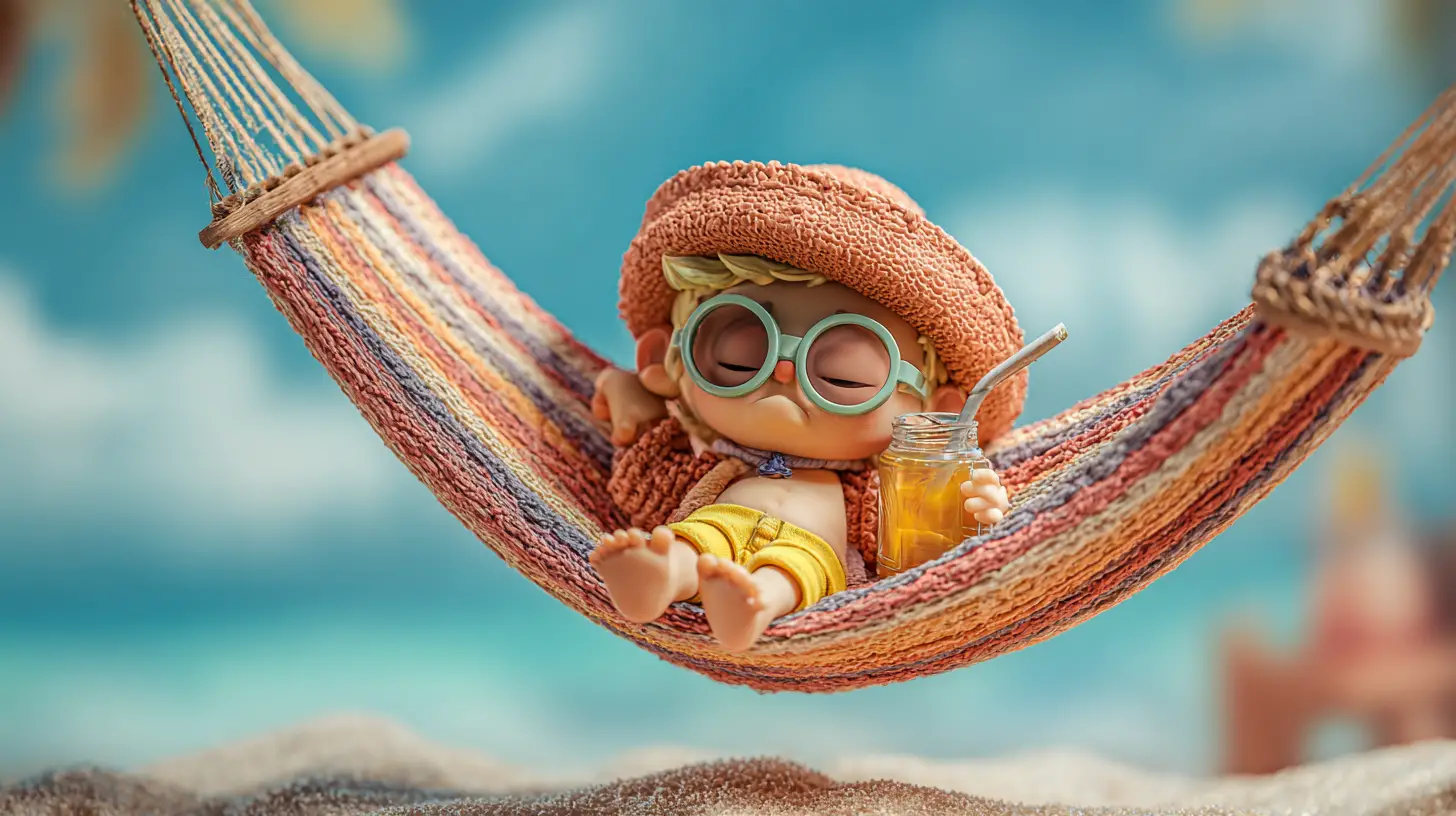 Mago chibi che si rilassa in un'amaca su una spiaggia soleggiata