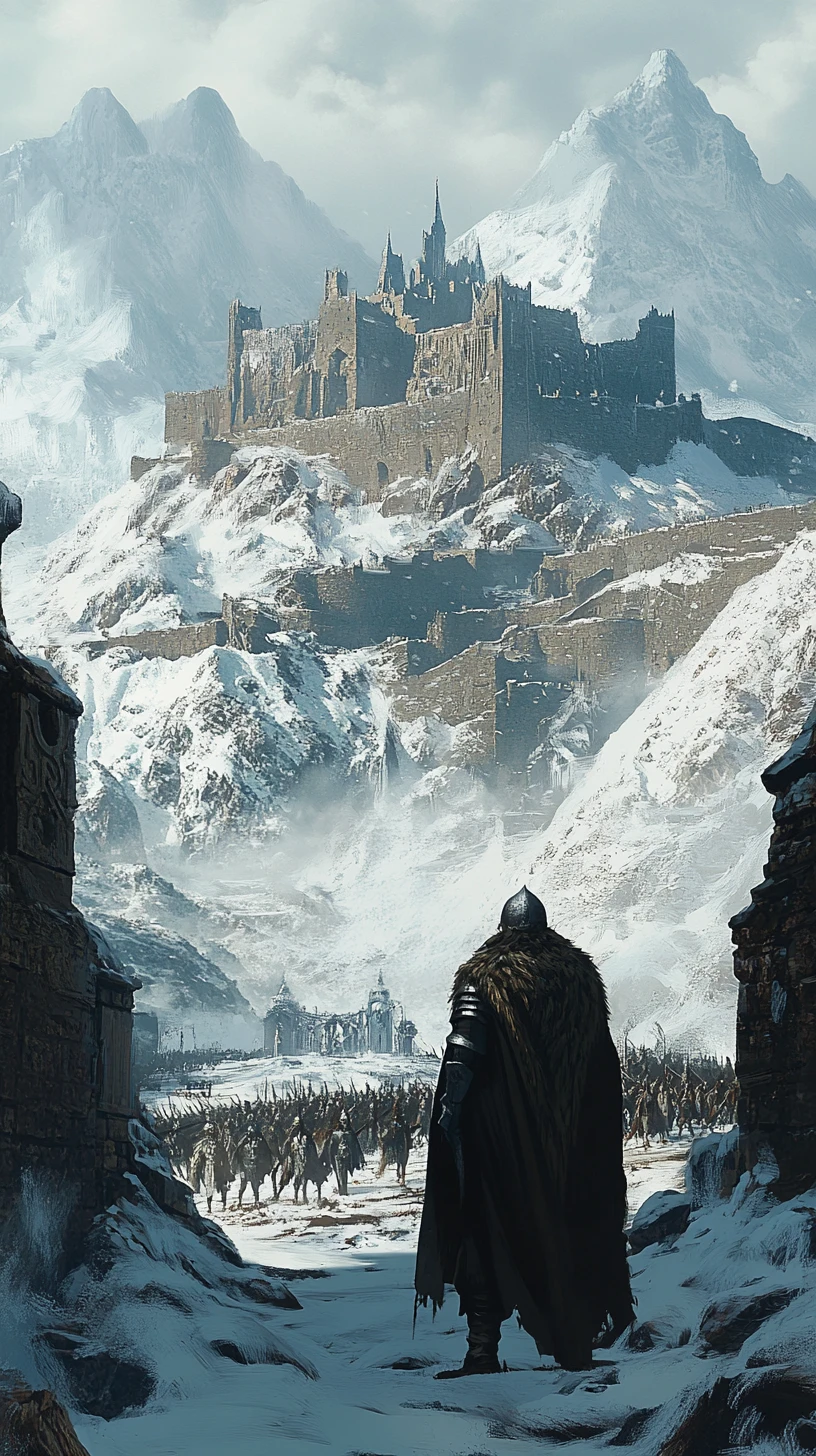 Close up of a armored knight before a misty stone fortress