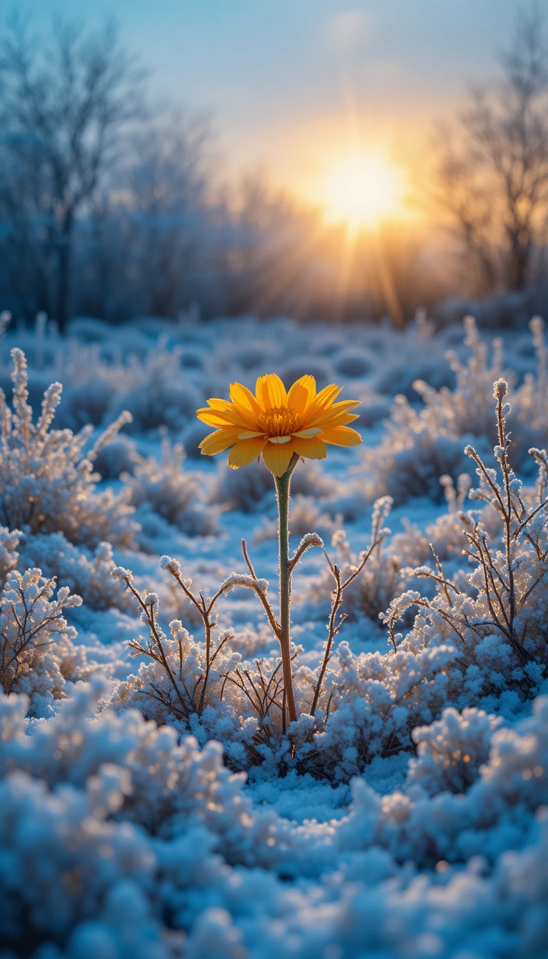 Fleur jaune lumineuse dans un champ enneigé au lever du soleil
