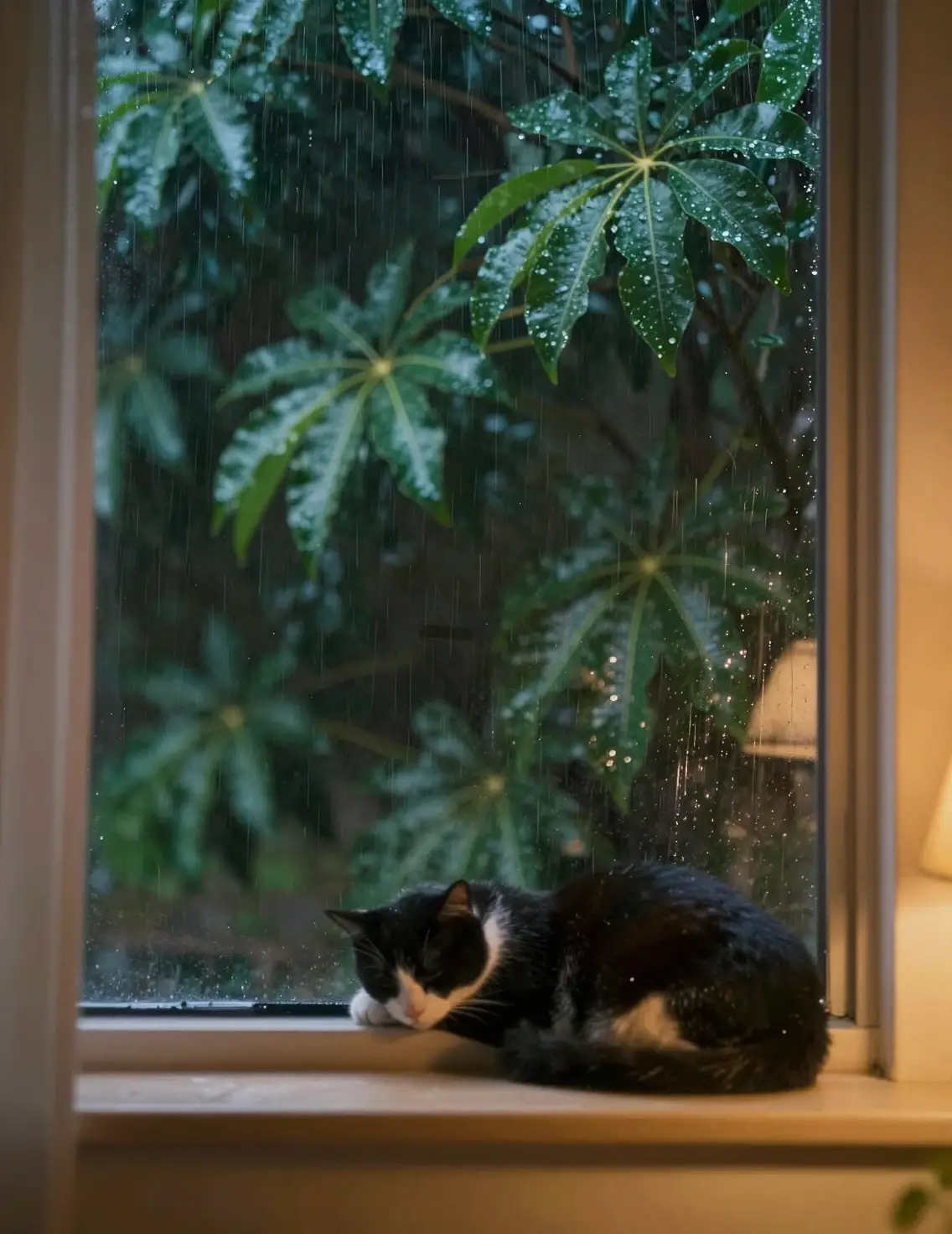Lumière chaleureuse d’une lampe à travers une fenêtre un soir de pluie