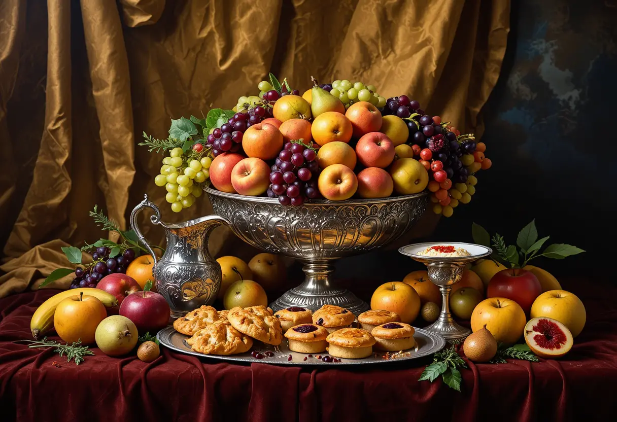 Natura morta opulenta con dolci alla frutta e argenteria