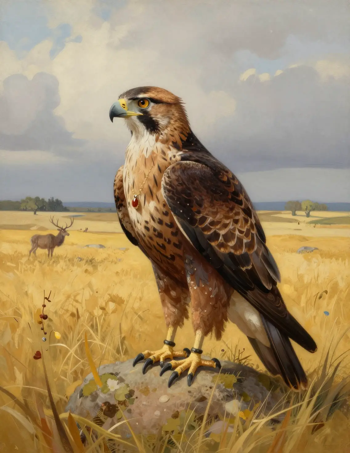 Majestic falcon on gloved hand over golden steppe landscape