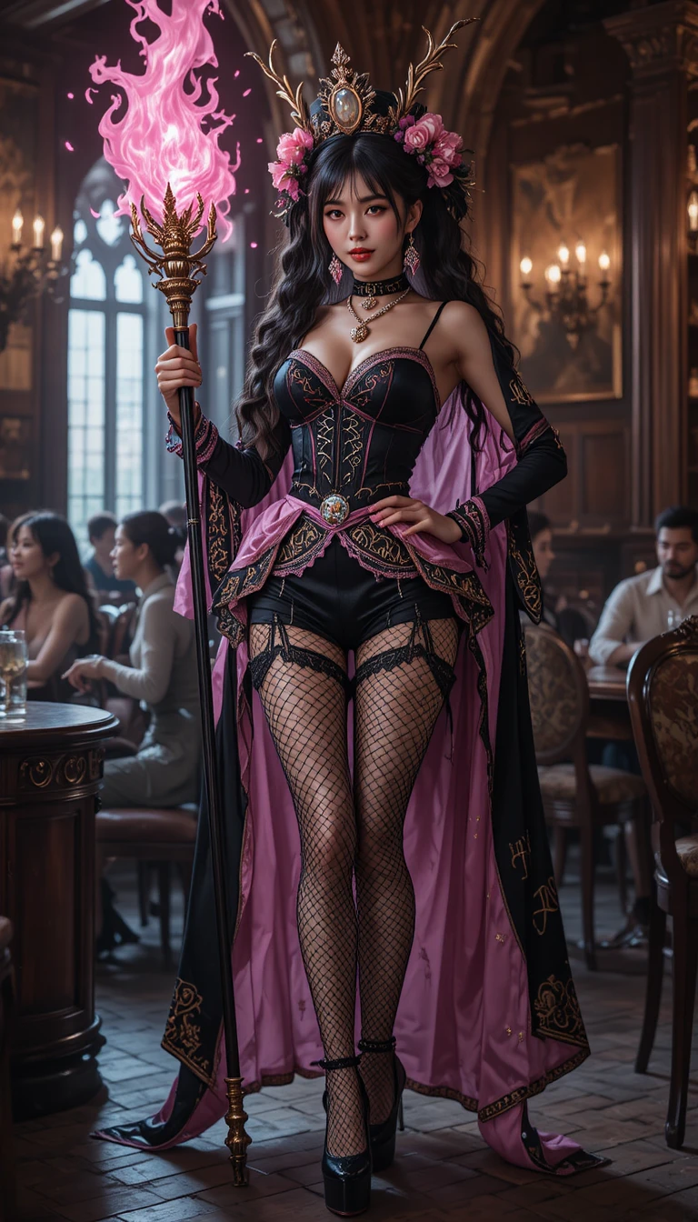 Sorcière coréenne en tenue noire et rose dans une taverne médiévale