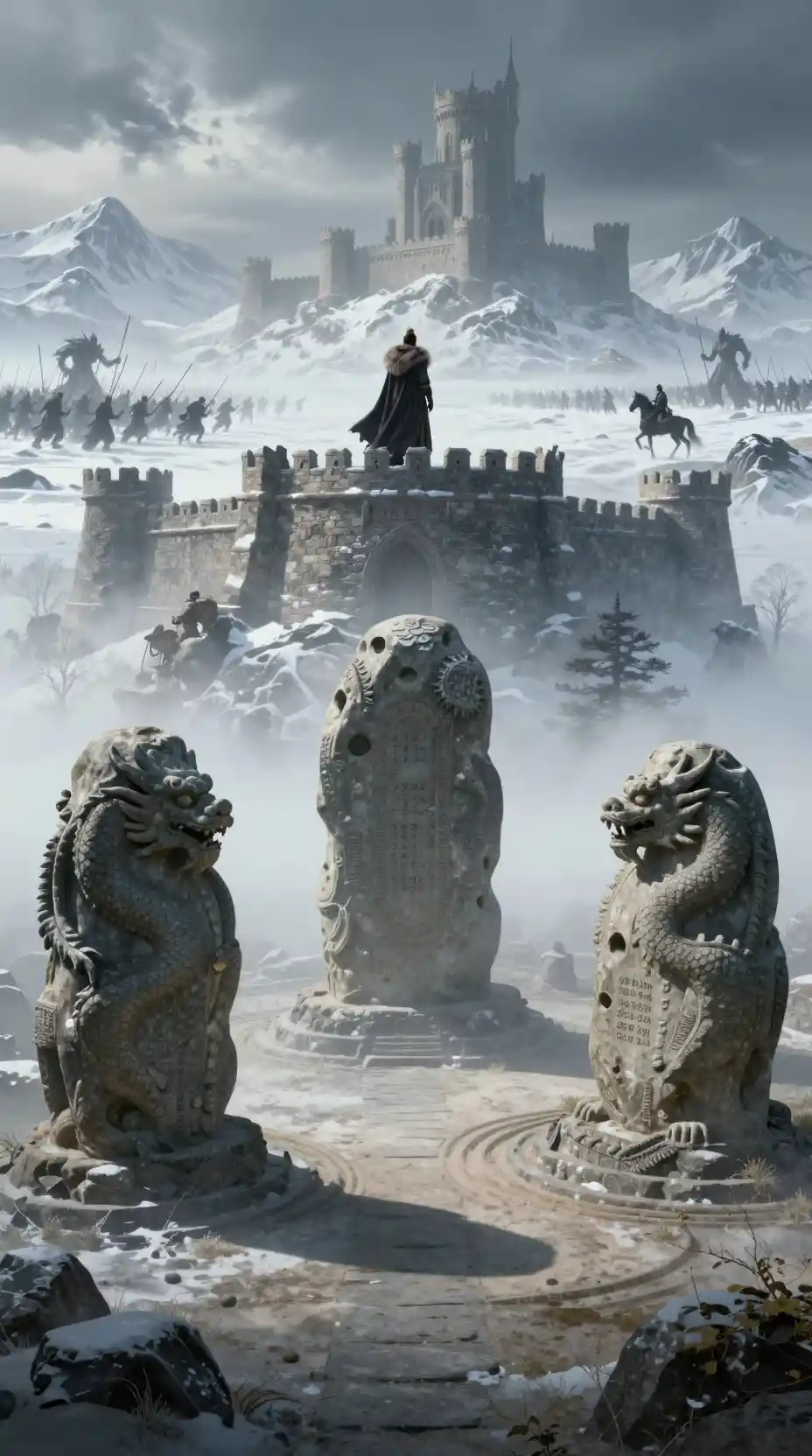 Forteresse Médiévale en Pierre au‑dessus de Montagnes Enneigées et de la Toundra