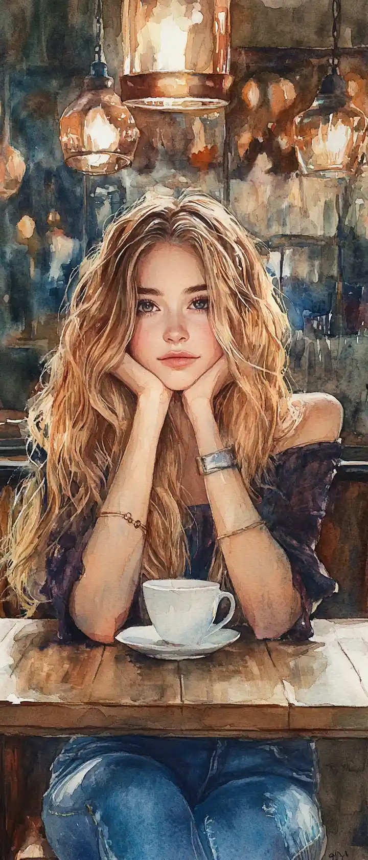 Melancholic blonde girl in a cafe watercolor portrait