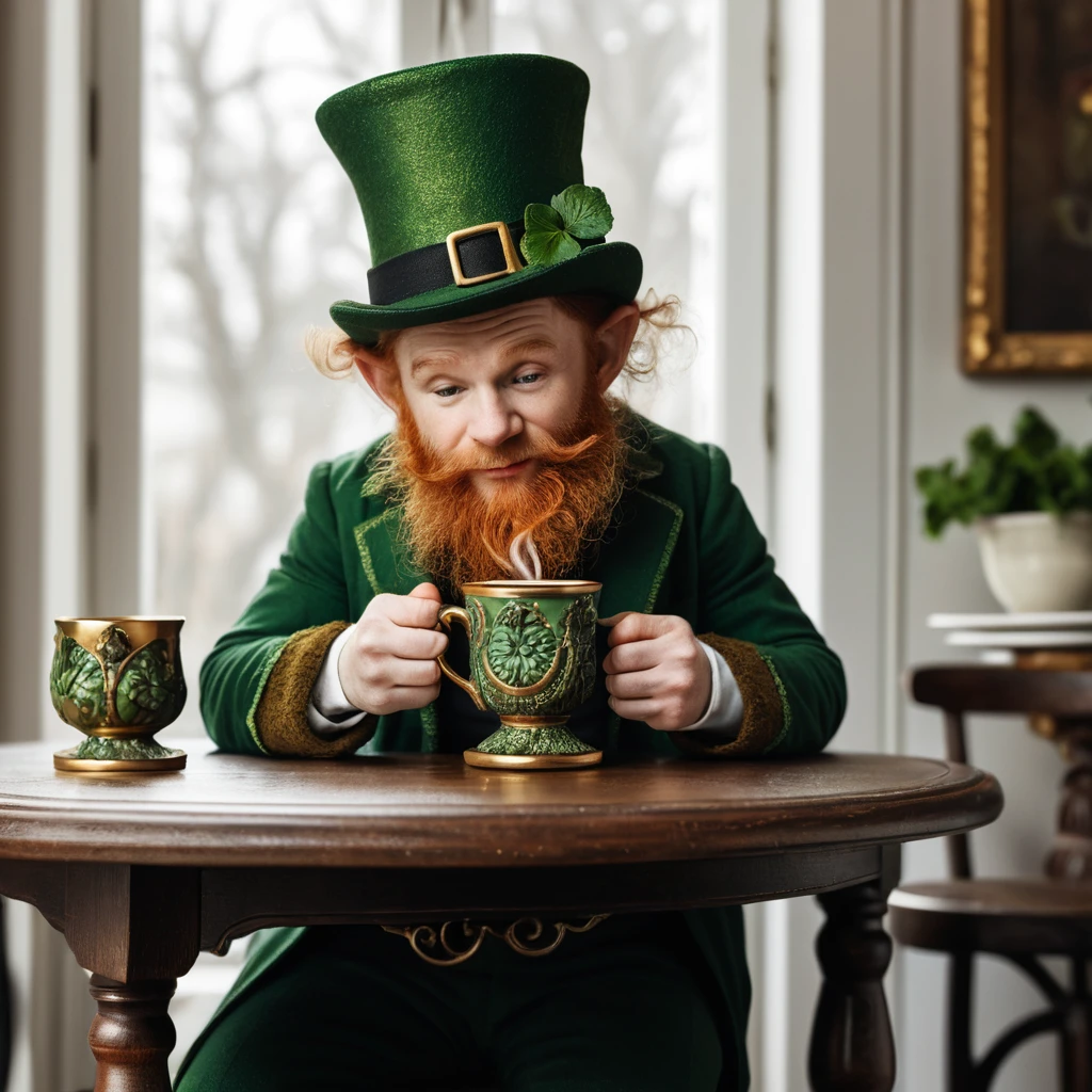 Pequeno leprechaun saboreando café quente em uma mesa ornamentada
