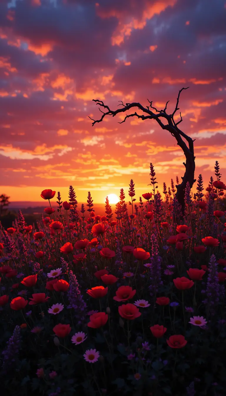 Silhouetted wildflowers against a glowing sunset sky