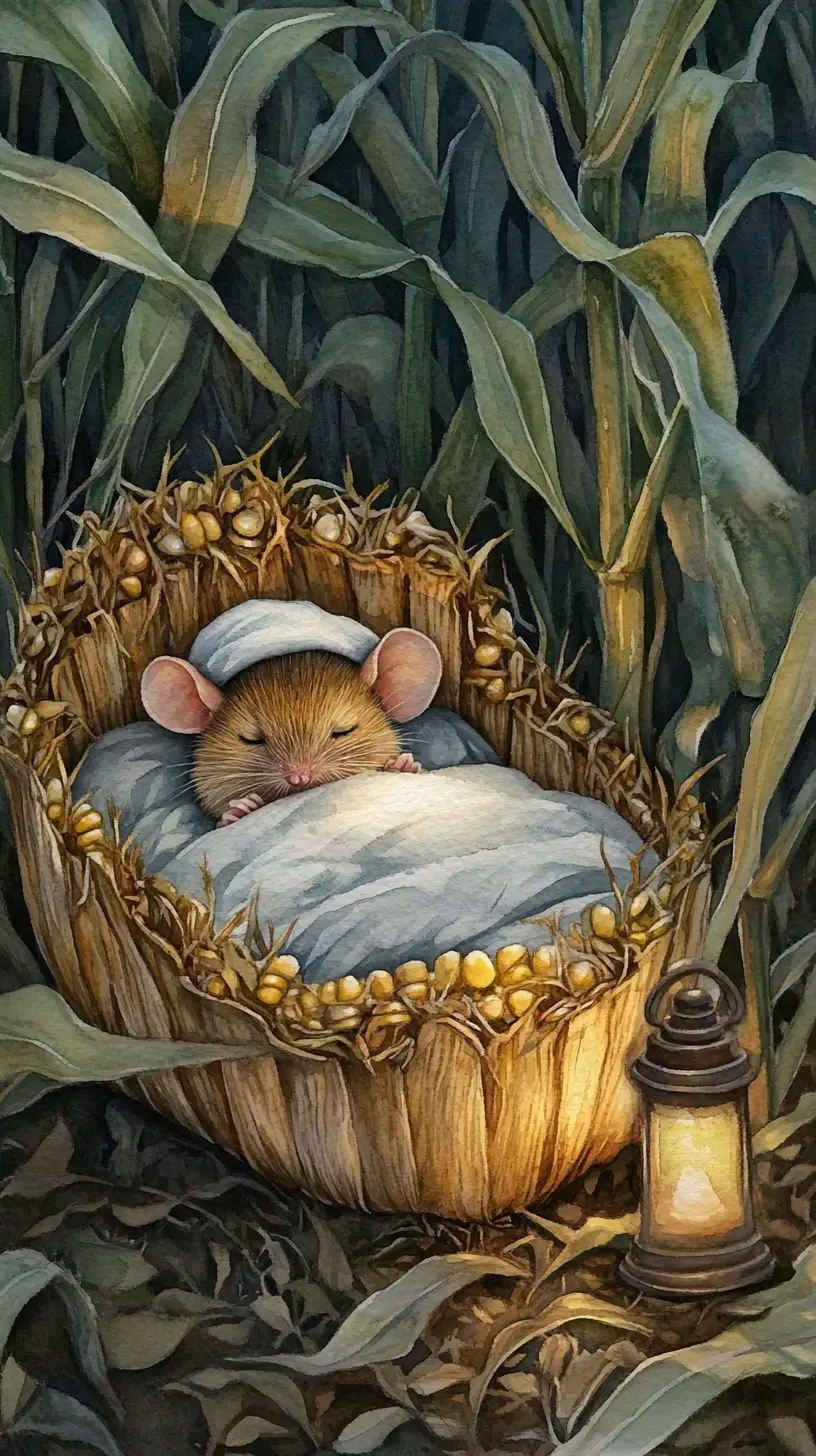 Minuscule souris dormant dans un lit d’enveloppes de maïs au crépuscule