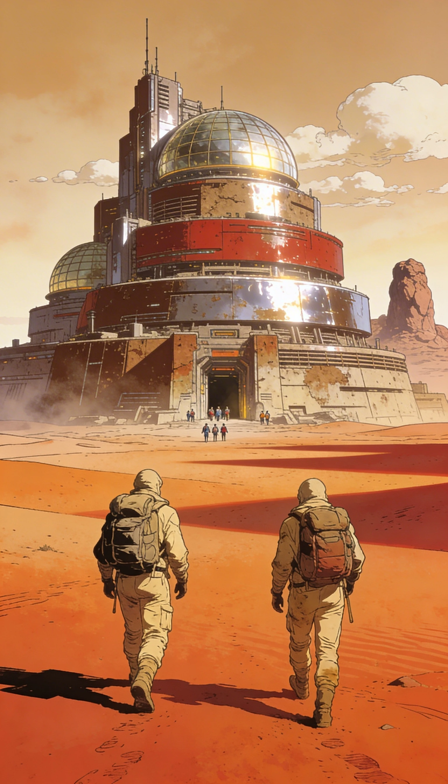 Viaggiatori che attraversano un deserto rosso verso una gigantesca città sci‑fi