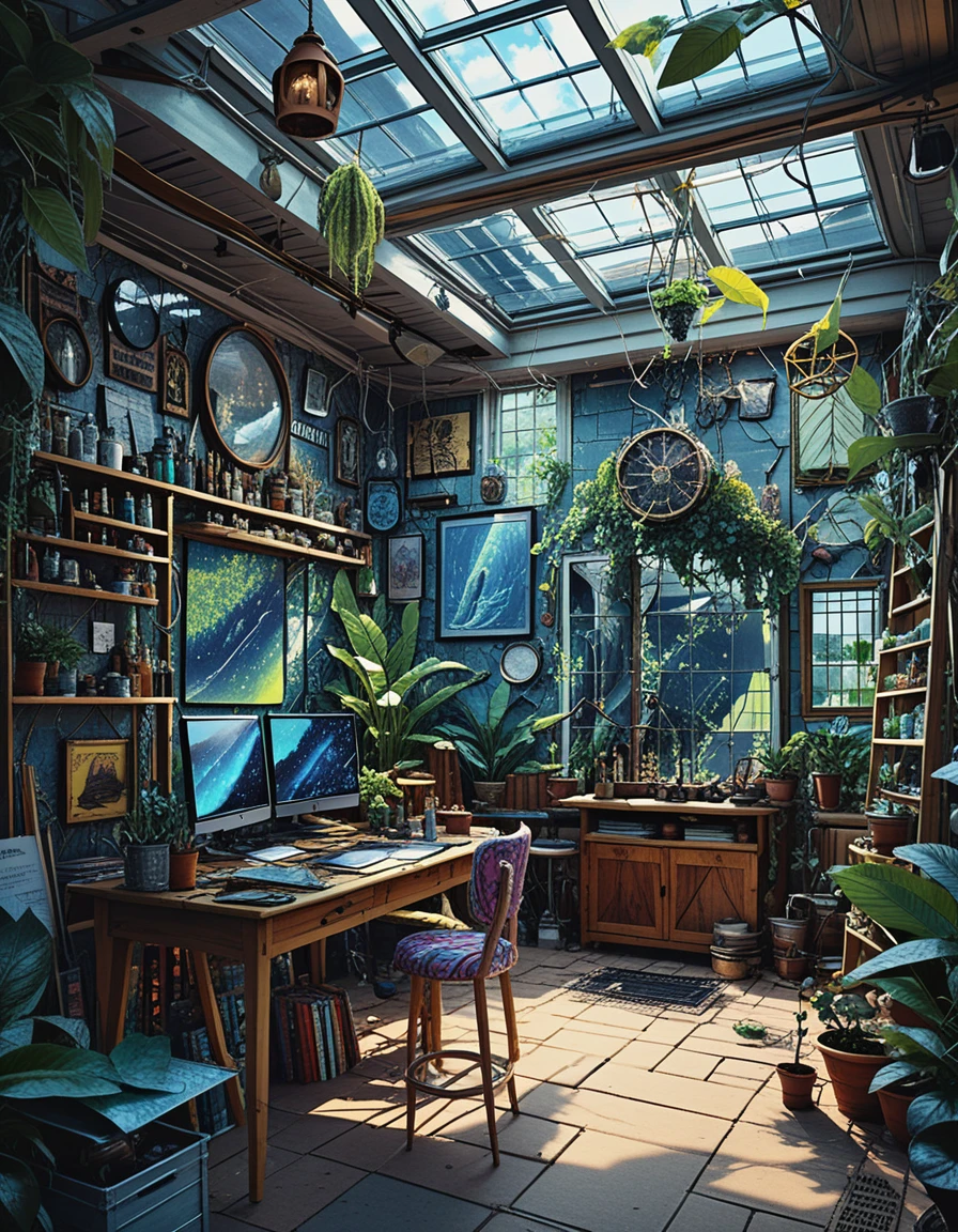 Atelier d’artiste en loft à l’ambiance sombre avec solarium et toile centrale