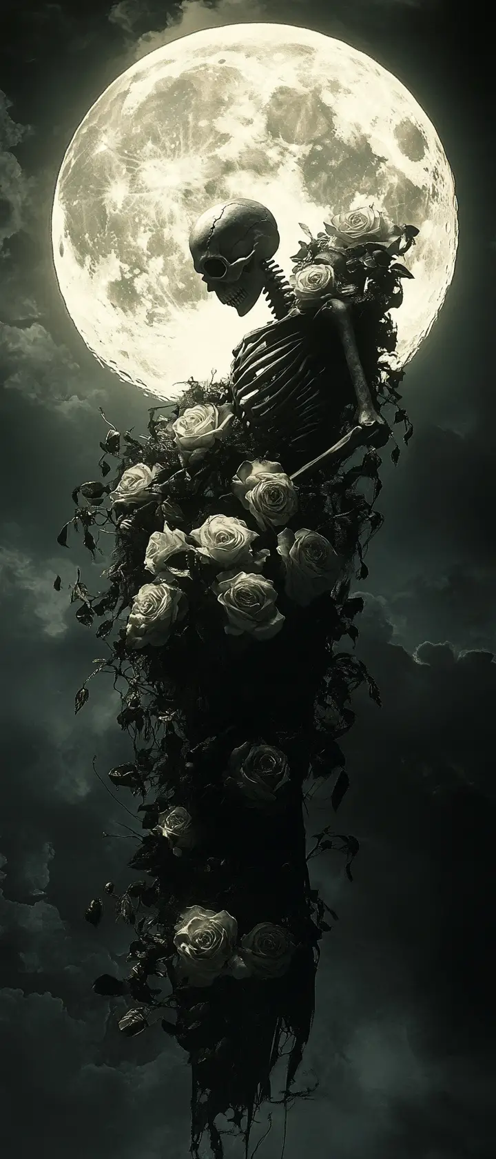 Tristo mietitore avvolto nelle rose sotto una luminosa luna piena