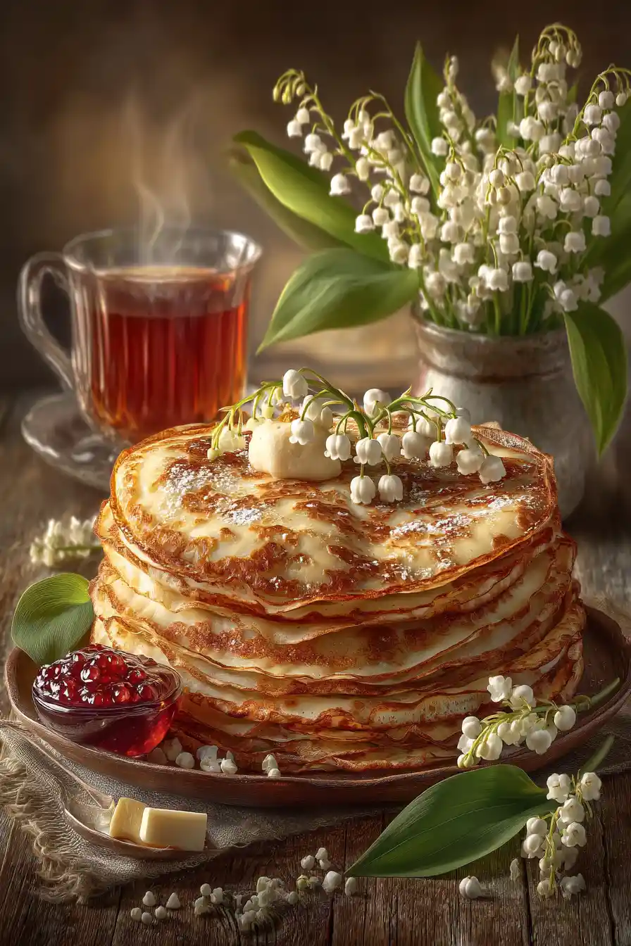 Rustic crepe stack with tea jam and breakfast spreads
