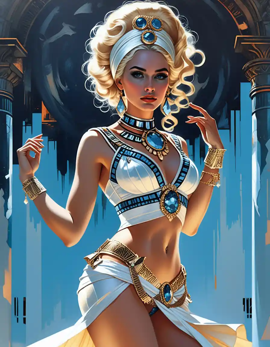 Donna fantasy che dipinge in un sontuoso studio di palazzo egiziano