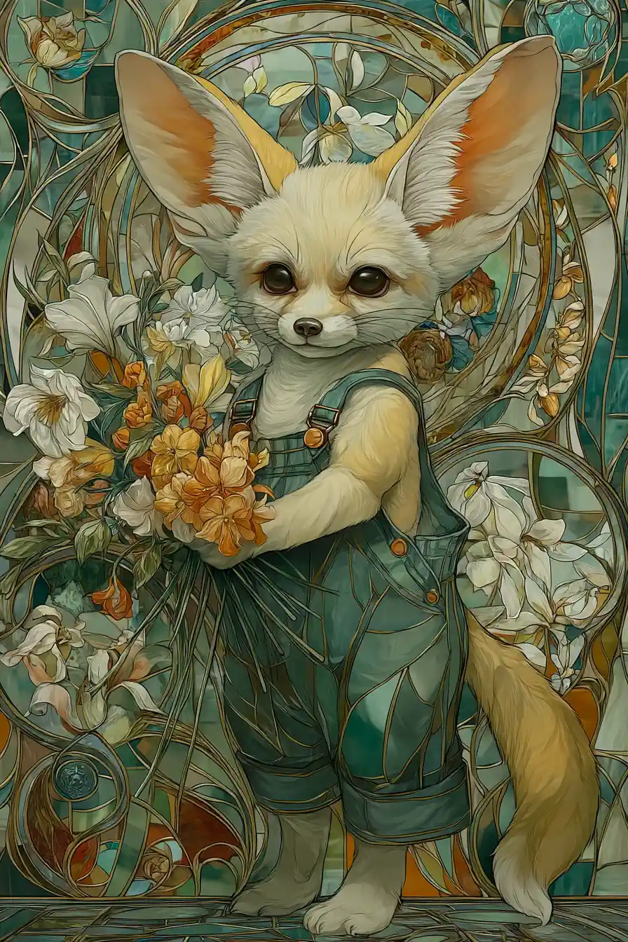 Cute stained glass fox in overalls holding spring flowers