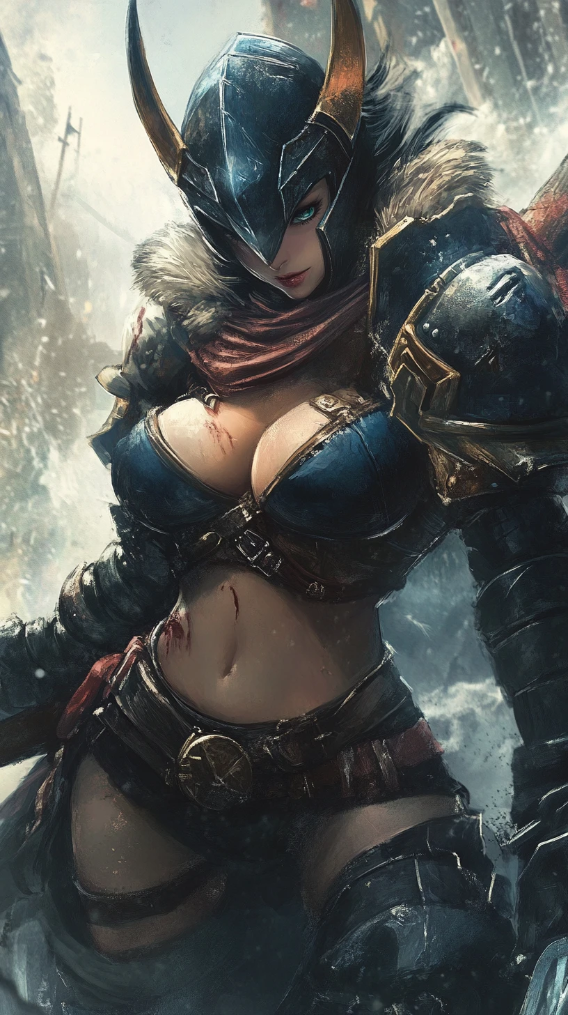 Gros plan d’une guerrière d’anime tatouée en armure bleue