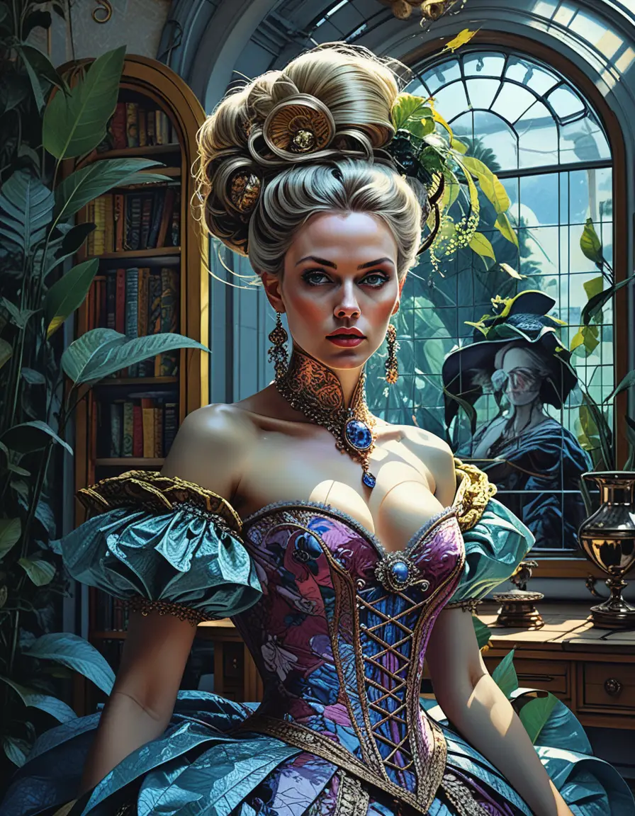 Femme fantastique peignant dans l’atelier d’un manoir luxueux